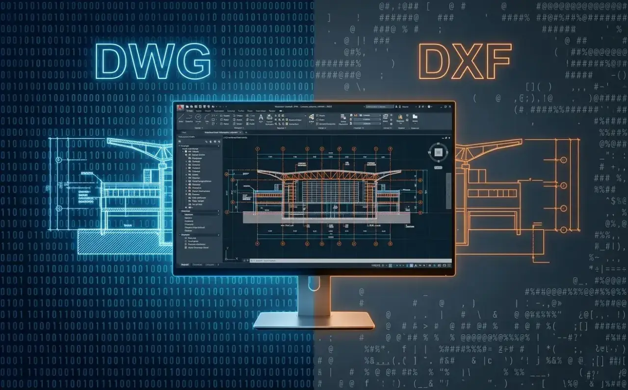 DWG i DXF – formaty plików CAD. Na ekranie monitora widać projekt architektoniczny, a tło tworzy kod binarny i symbole.