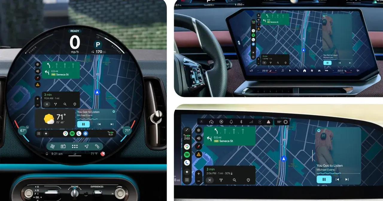 Nowoczesny kokpit z nawigacją i muzyką, pokazujący funkcje android auto na telefonie.