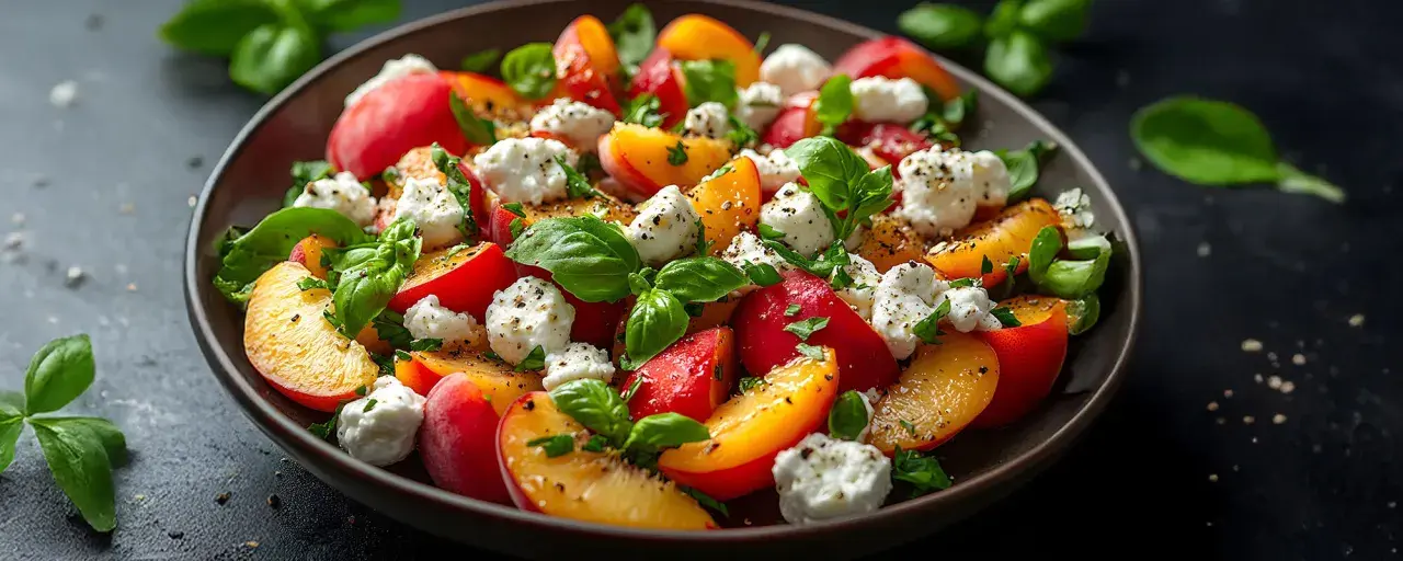Pfirsich-Mozzarella-Salat mit Basilikum und Pfeffer auf einem Teller.