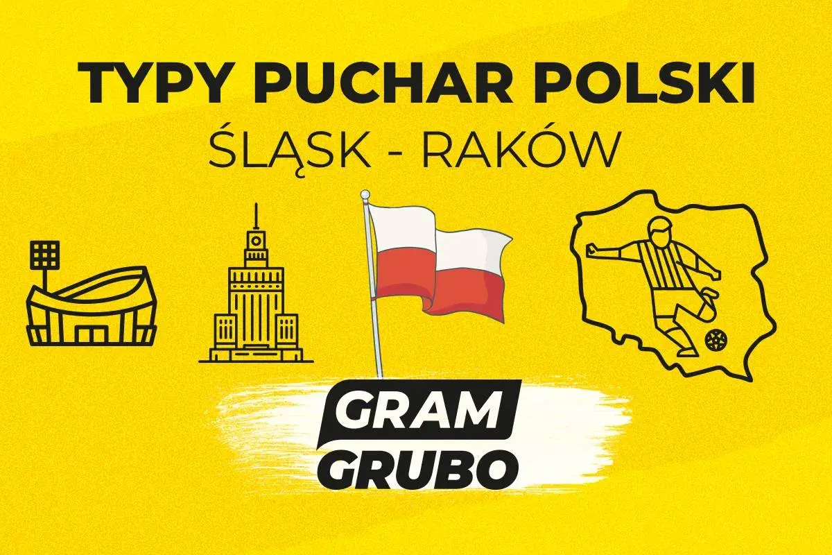 Typy Puchar Polski: Śląsk Wrocław kontra Raków Częstochowa. Grafika z ikonami stadionu, wieżowca, flagi Polski i piłkarza.