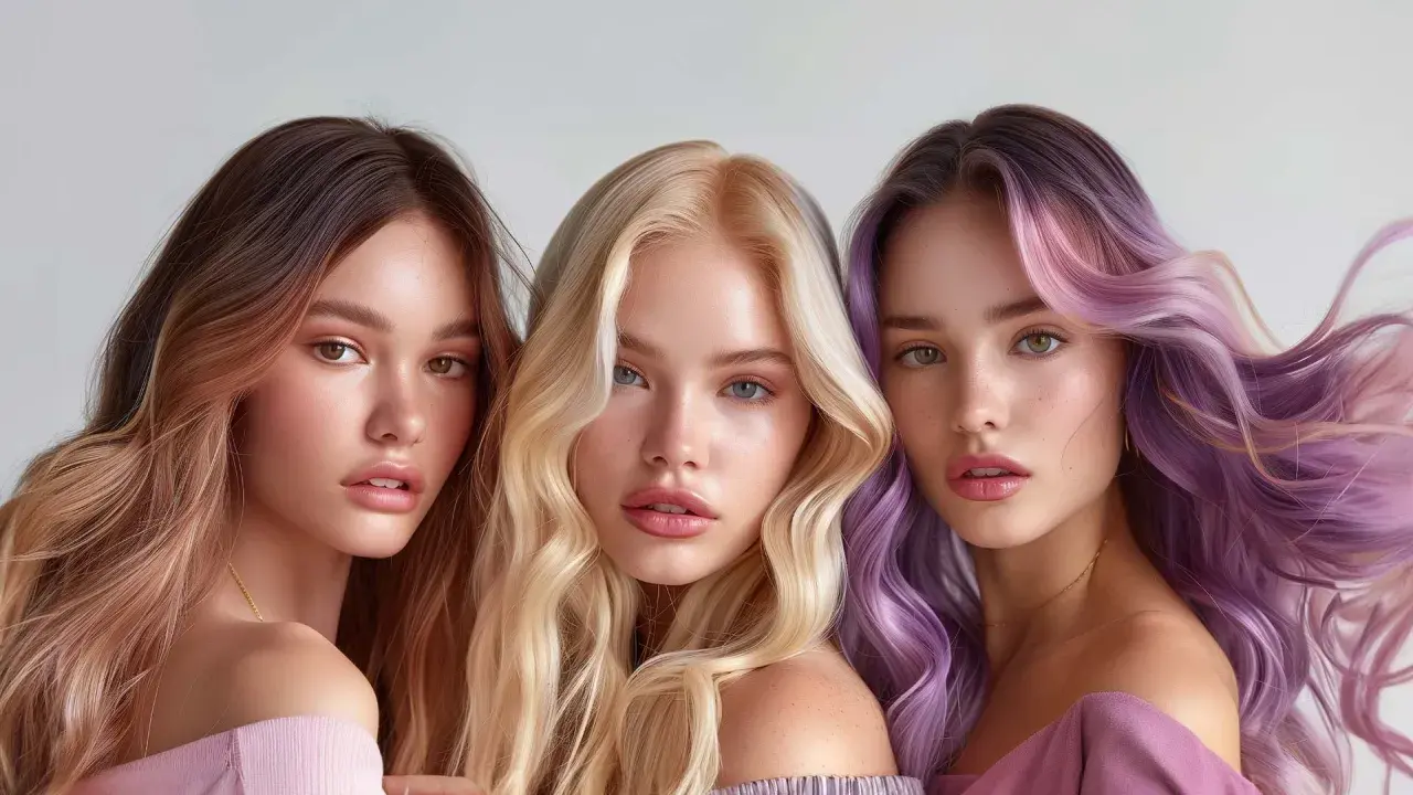Tre unga kvinnor med fantastiskt hår. En med brunt ombre, en med blont och en med lila och rosa slingor. Allt hår är färgat med only love hårfärg.