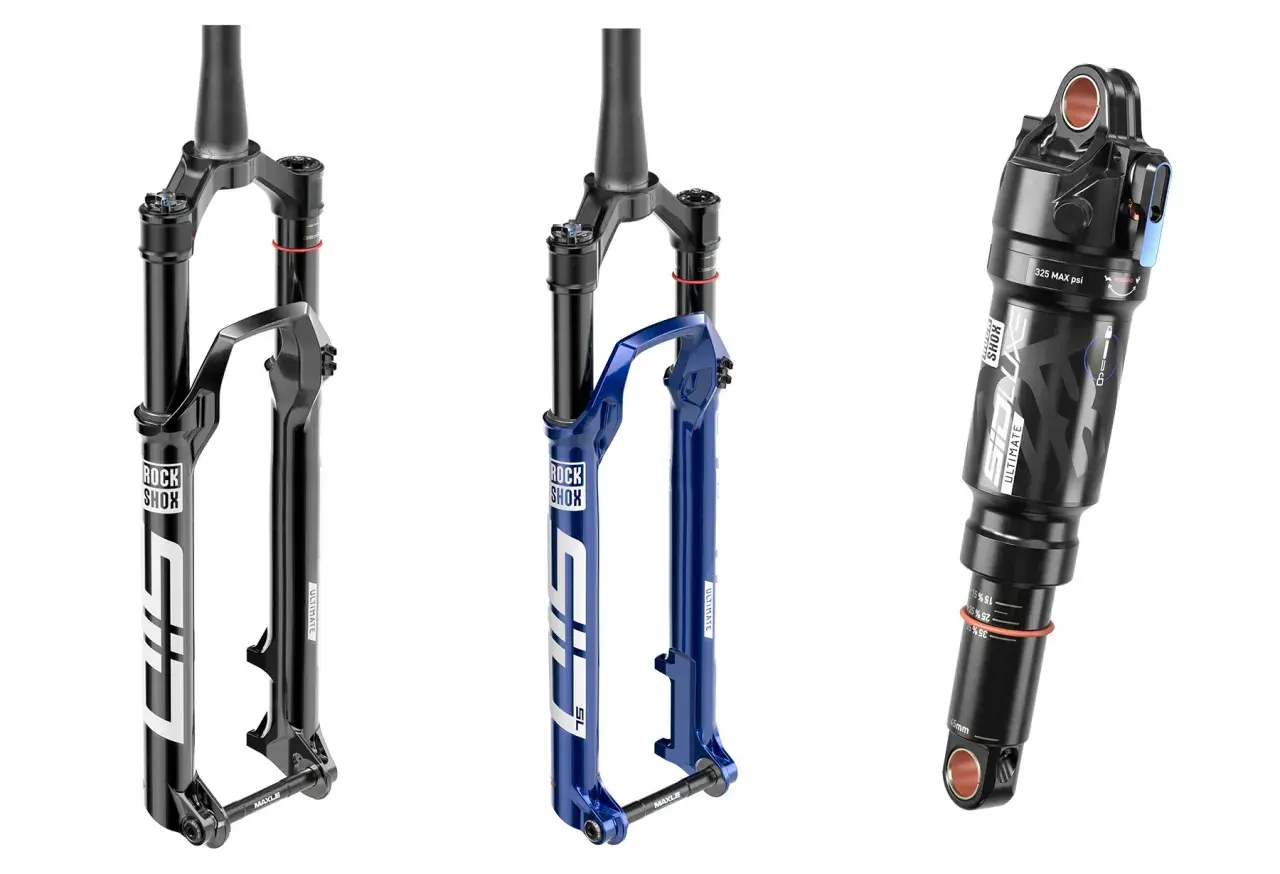 RockShox SID SL Ultimate suspension fork in black and blue, and a matching black rear shock.