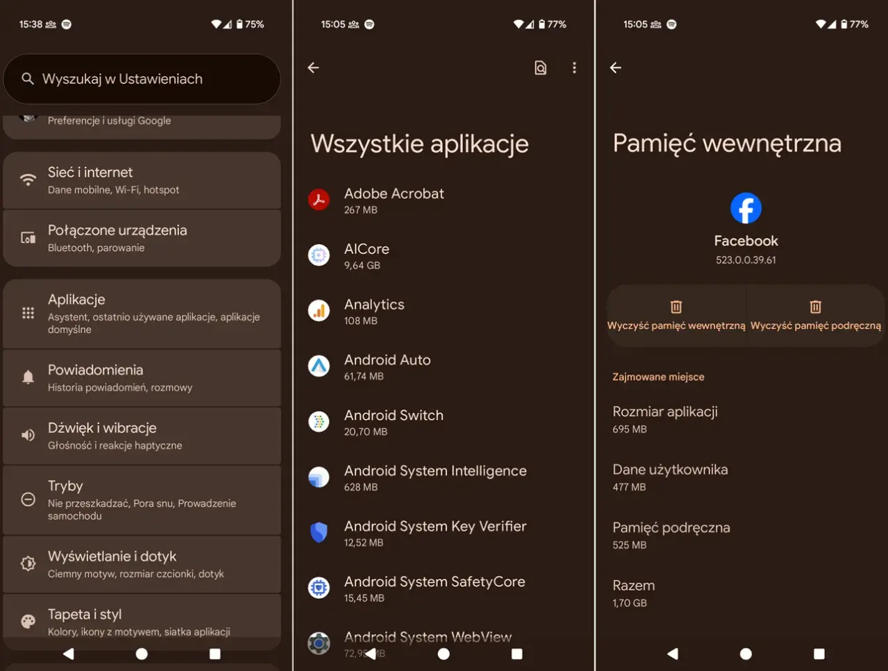 Ekran telefonu z opcjami jak wyczyścić pamięć podręczną w telefonie. Widoczne opcje "Wyczyść pamięć wewnętrzną" i "Wyczyść pamięć podręczną".