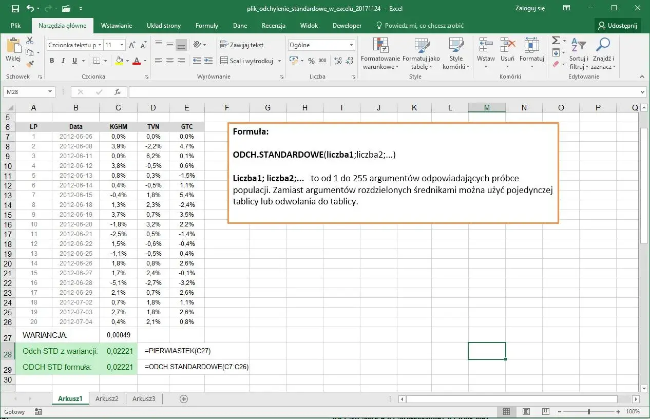 W Excelu formuła ODCH.STANDARDOWE oblicza odchylenie standardowe dla próby danych, np. z kolumny C.
