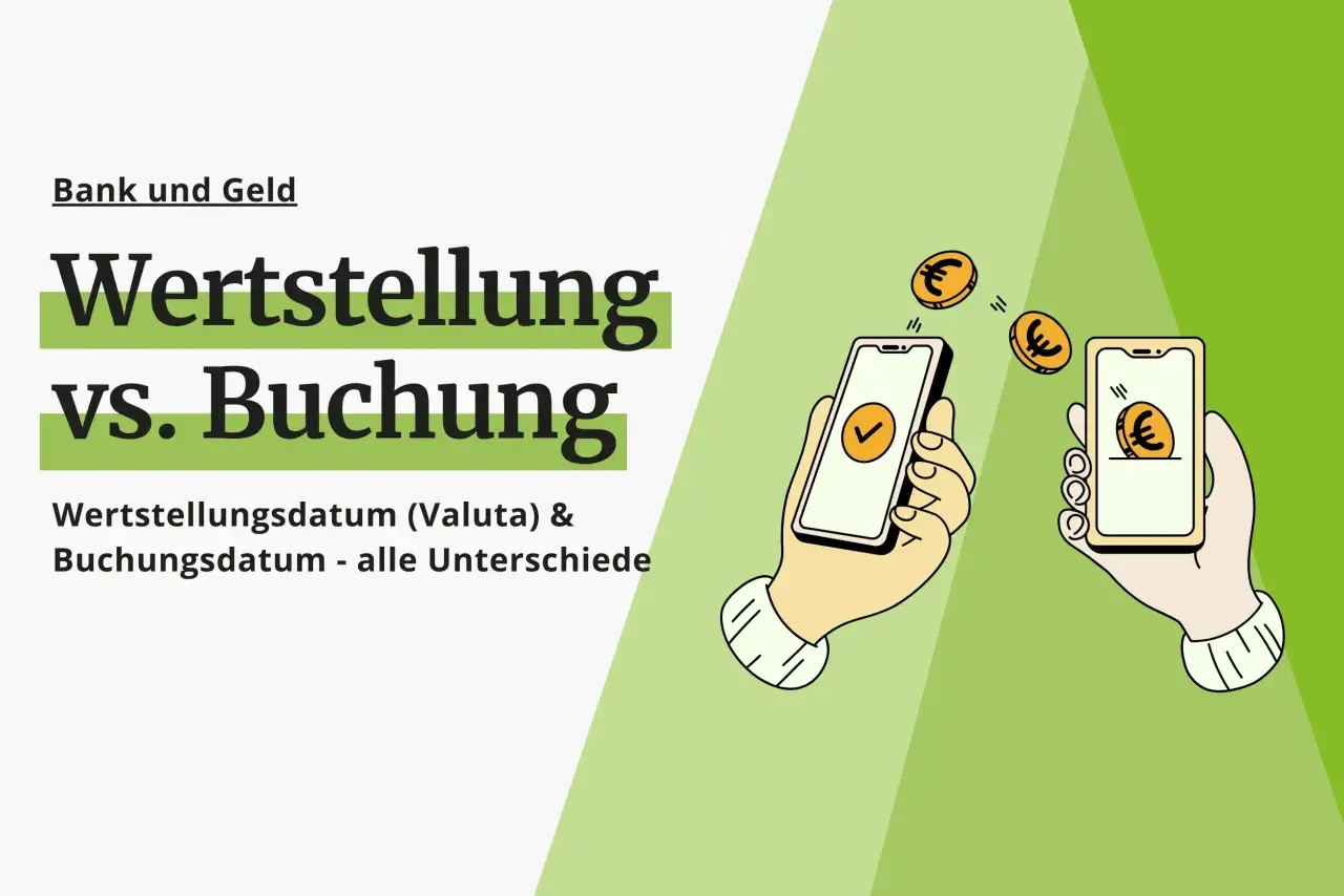 Hände halten Smartphones, Euro-Münzen fliegen. Die Grafik erklärt, was Wertstellungsdatum (Valuta) und Buchungsdatum bedeuten und ihre Unterschiede.