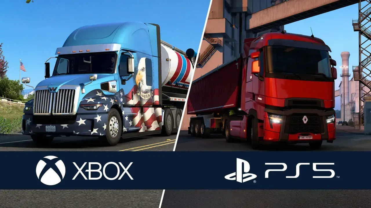 Dwa potężne ciężarówki, jedna z amerykańskimi barwami, druga czerwona, na tle przemysłowym. Zapowiedź Euro Truck Simulator 2 PS5.