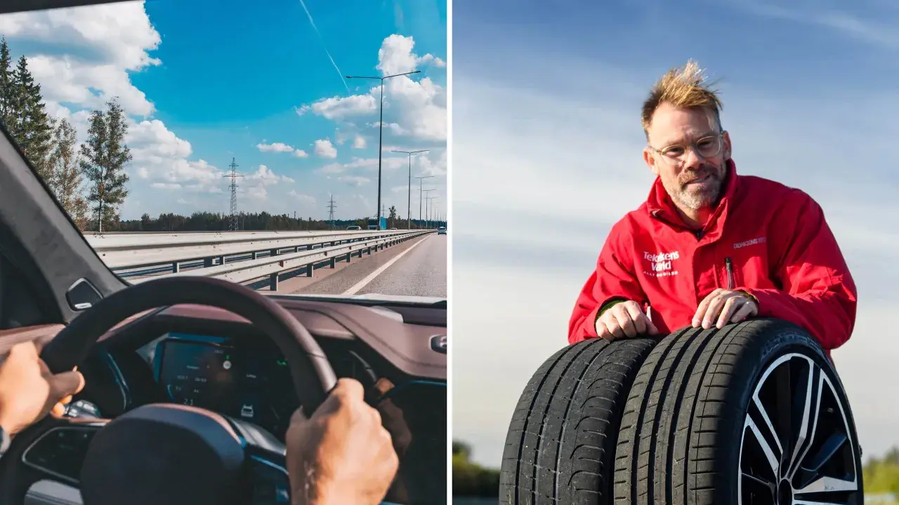 Föraren känner vibrationer i ratten på motorvägen. Bredvid visas en man med däck.