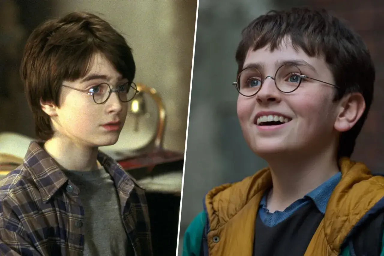 Dwa ujęcia młodego Harry'ego Pottera z serialu "Harry Potter". Po lewej Daniel Radcliffe w roli głównej, po prawej inny aktor wcielający się w postać.