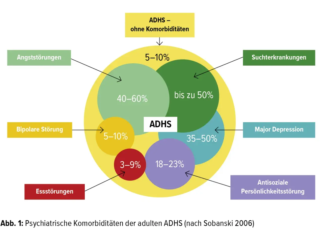 Diagramm zeigt psychiatrische Komorbiditäten bei Erwachsenen mit ADHS. Angststörungen, Suchterkrankungen, Depressionen und andere Störungen sind häufige Begleiter, die die Ursache ADHS bei Erwachsenen komplex machen.