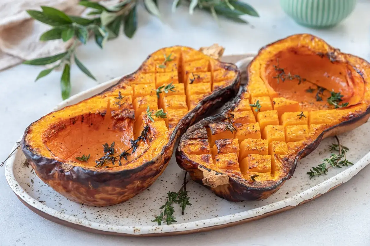 Butternut au barbecue, coupé en deux, grillé et parsemé de thym frais. La chair orangée est tendre et caramélisée.
