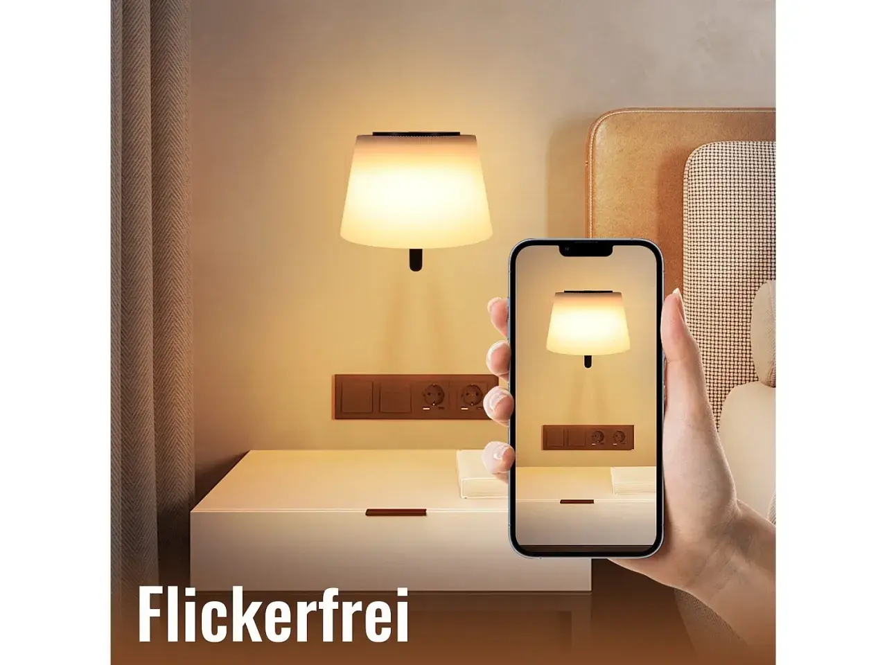 Elegancki kinkiet nad stolikiem nocnym, widoczny na ekranie telefonu. Idealne oświetlenie do sypialni.