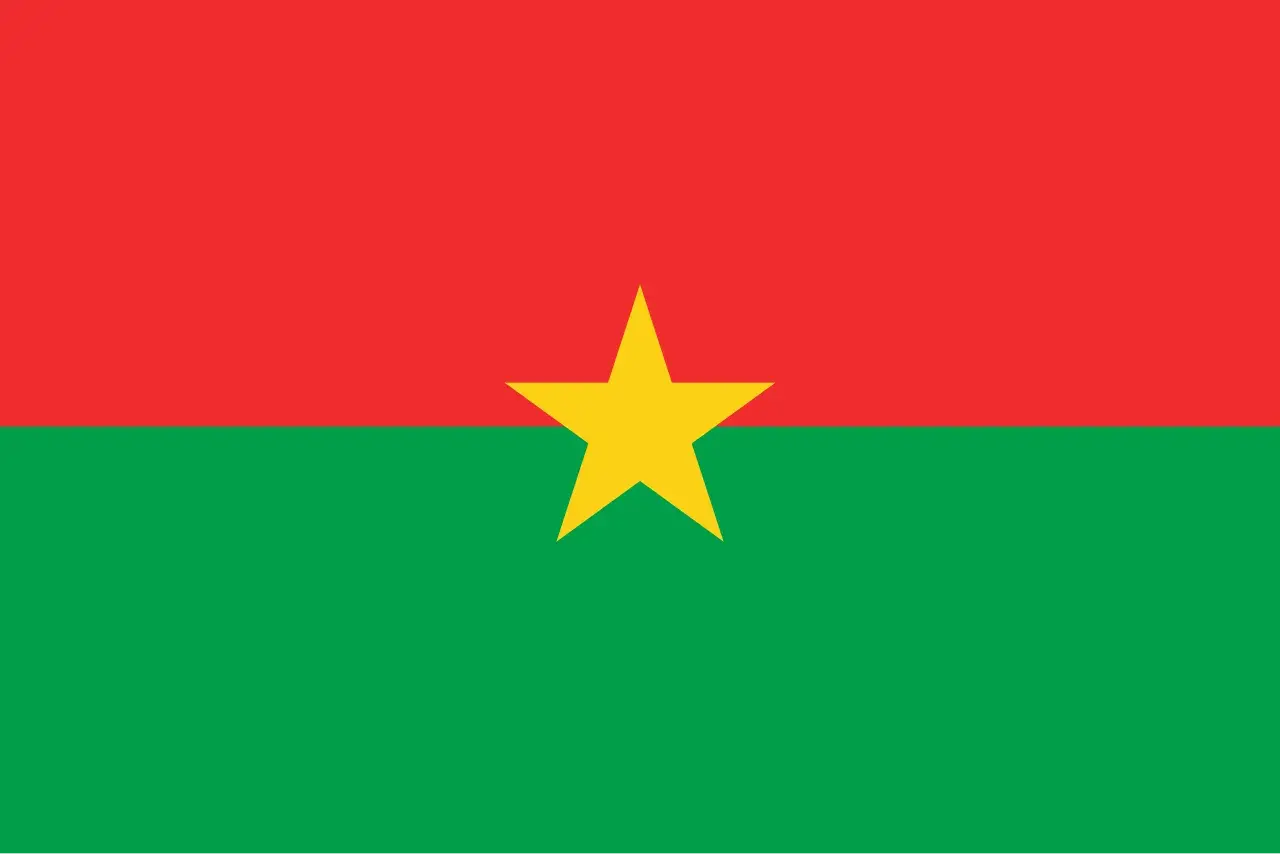 Burkina Fasos flagga med rött och grönt fält och en gul stjärna i mitten.