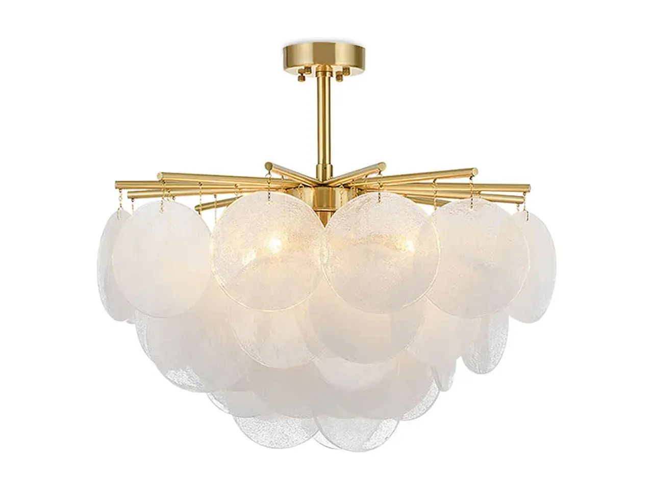 Elegante lámpara de techo nacar con discos translúcidos y estructura dorada, ideal para un ambiente sofisticado.