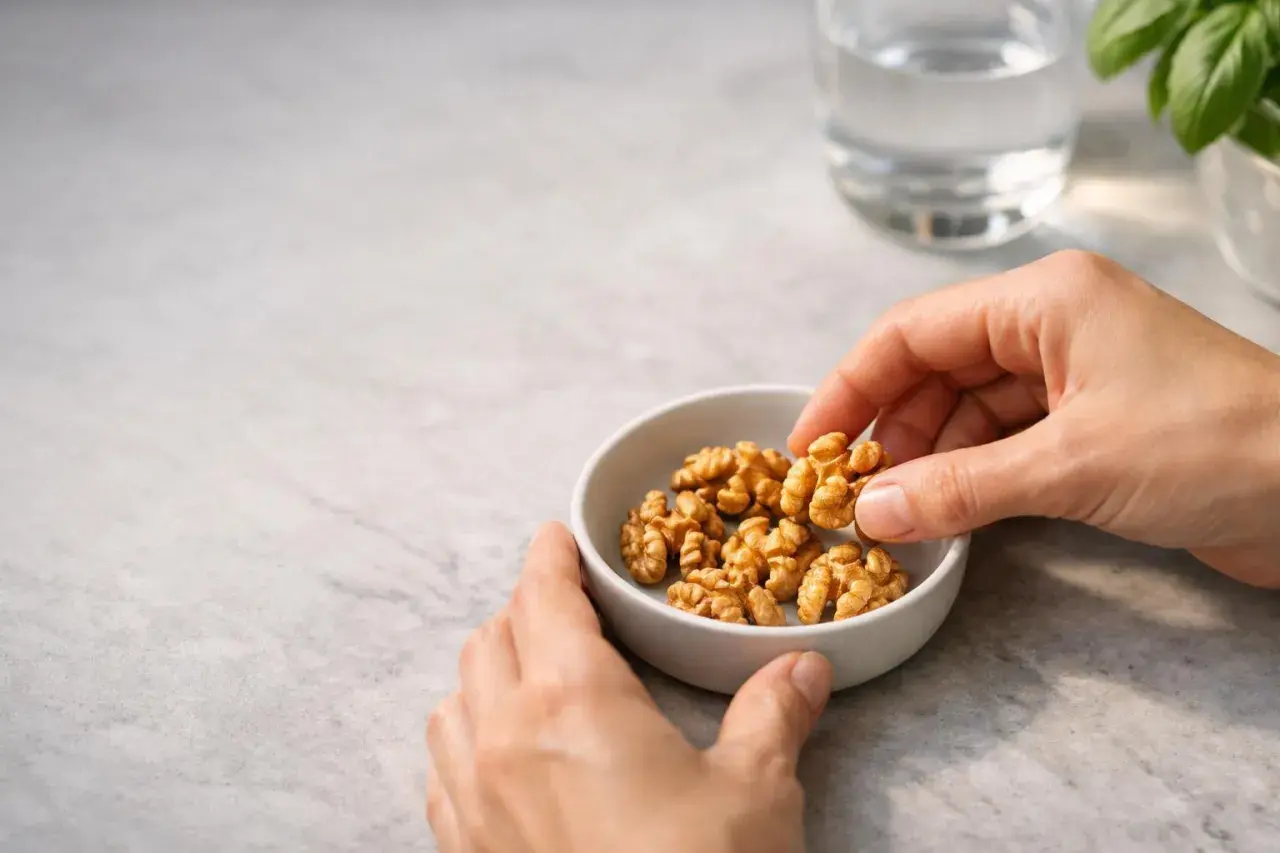 Mani prendono noci da una ciotola. Quante noci al giorno fanno bene alla salute? Un bicchiere d'acqua e basilico sullo sfondo.