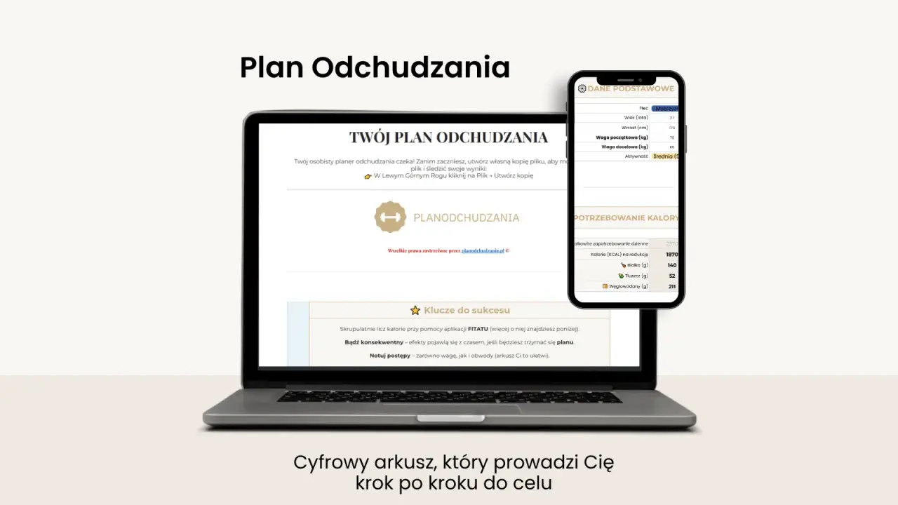 Cyfrowy arkusz "Plan Odchudzania" pomoże Ci zacząć odchudzanie. Zawiera dane podstawowe, zapotrzebowanie kaloryczne i klucze do sukcesu.