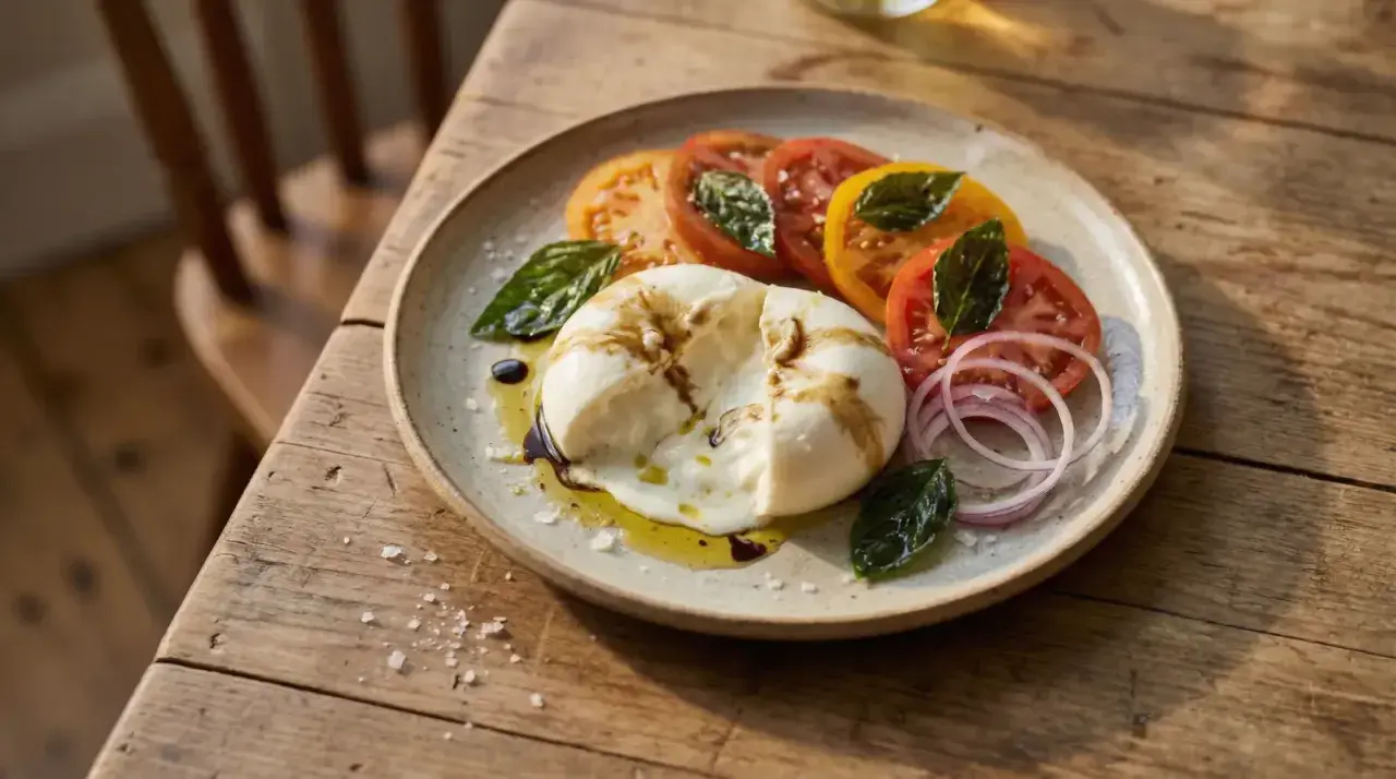 En krämig burrata, perfekt för en gravid mage, serveras med färgglada tomater, rödlök och basilika på en rustik tallrik.