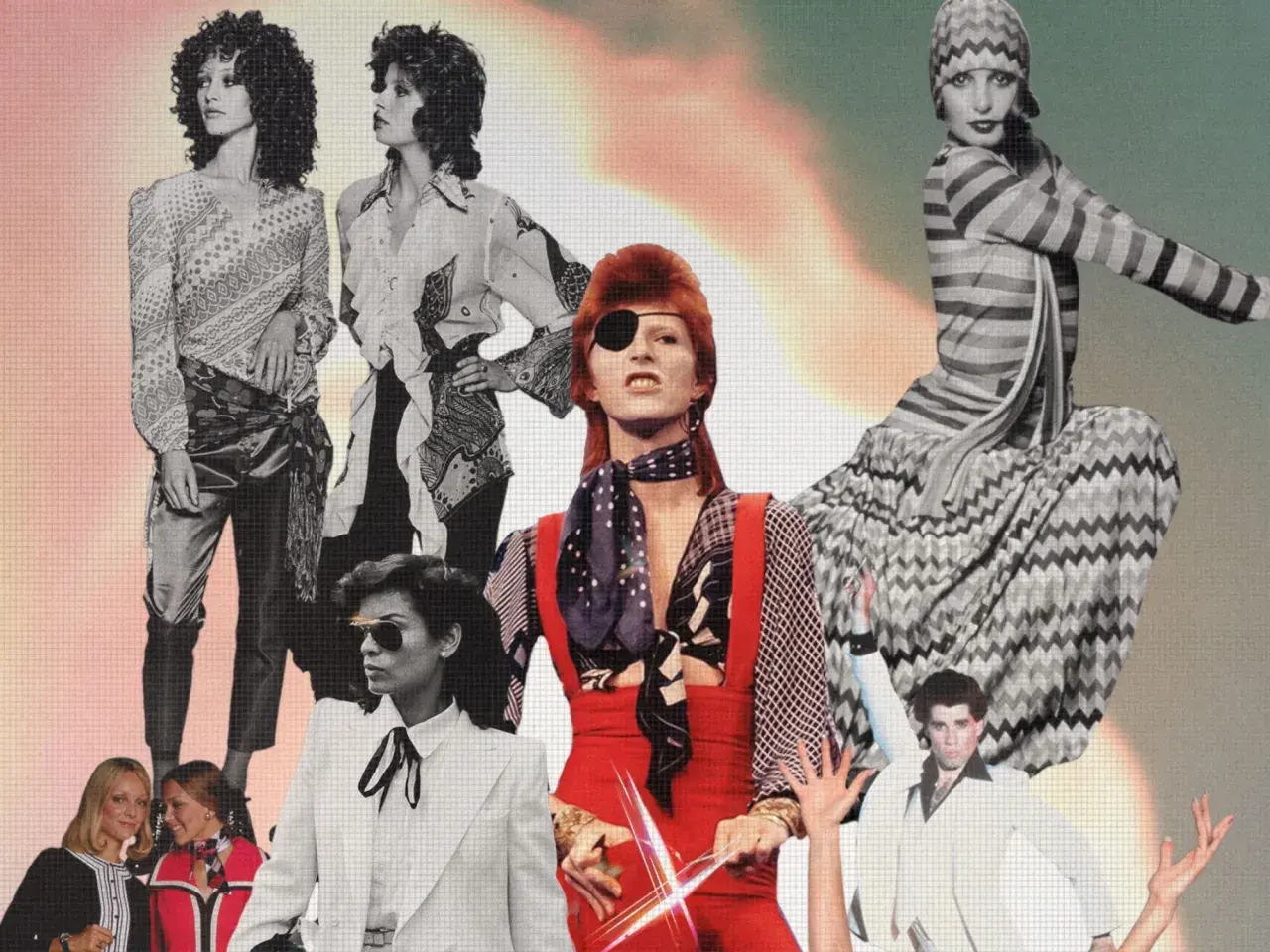 Estilo de los años 70: collage de moda con David Bowie, John Travolta y modelos con atuendos icónicos de la época.