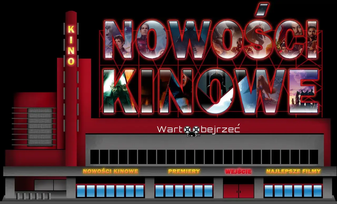 Neonowy szyld kina zapowiada "Nowości Kinowe", sugerując premiery filmów 2026. Warto obejrzeć!