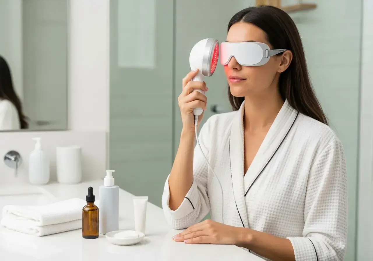 Kvinna med ögonmask och LED-ljus-enhet för ansiktsbehandling hemma.