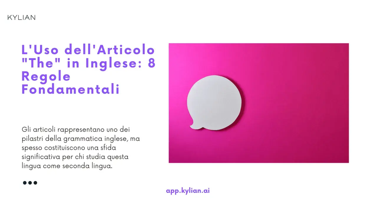 Il titolo "L'Uso dell'Articolo 'The' in Inglese" su sfondo rosa, con una nuvoletta bianca che simboleggia la comunicazione.