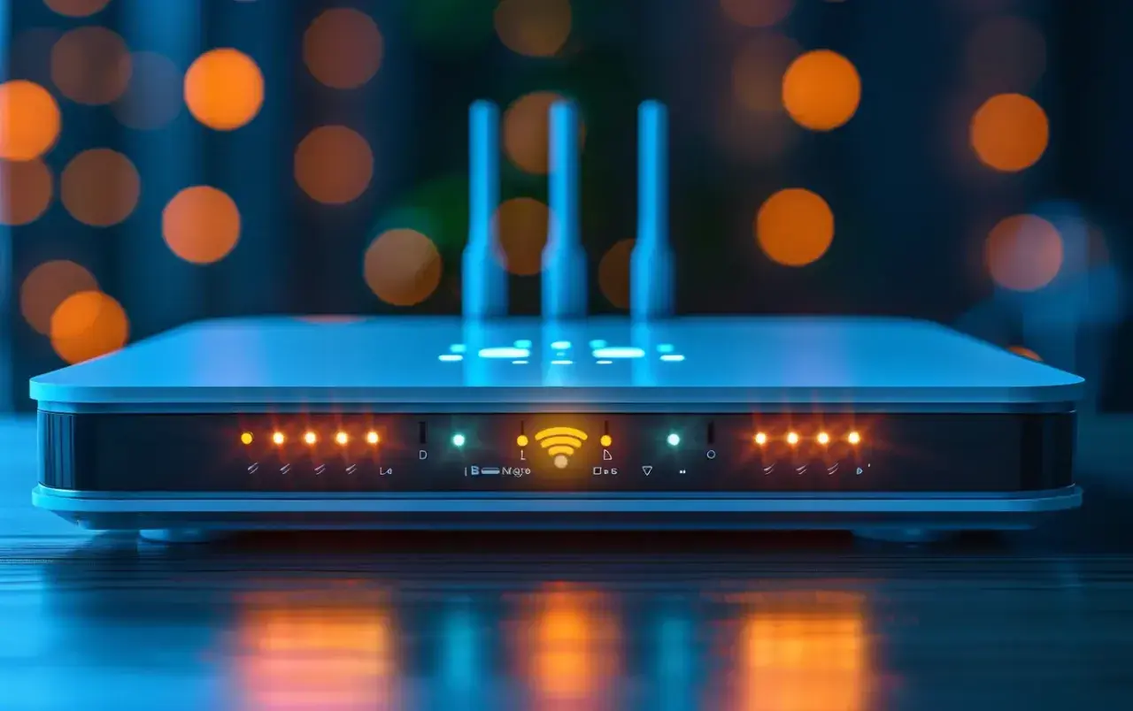 Nowoczesny router Wi-Fi z podświetlanymi diodami. Szukasz informacji, gdzie jest hasło na routerze Orange?