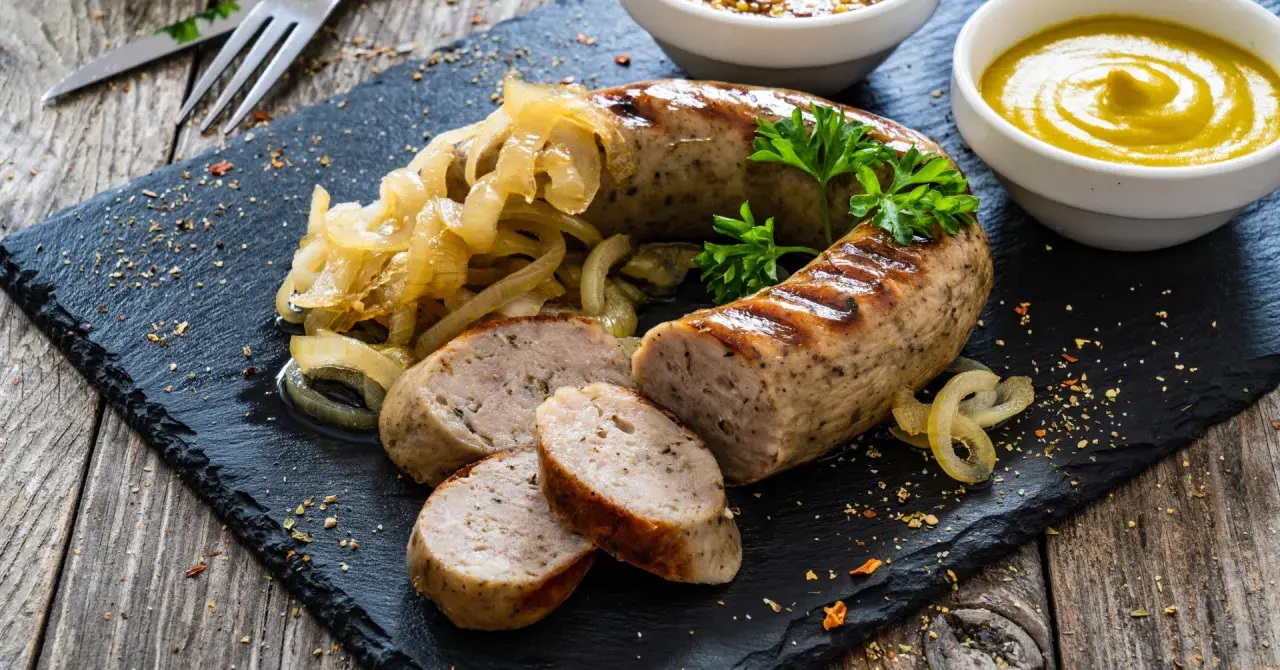 Pyszna biała kiełbasa z grilla, podana z duszonymi cebulkami i musztardą. Idealna na letni obiad.