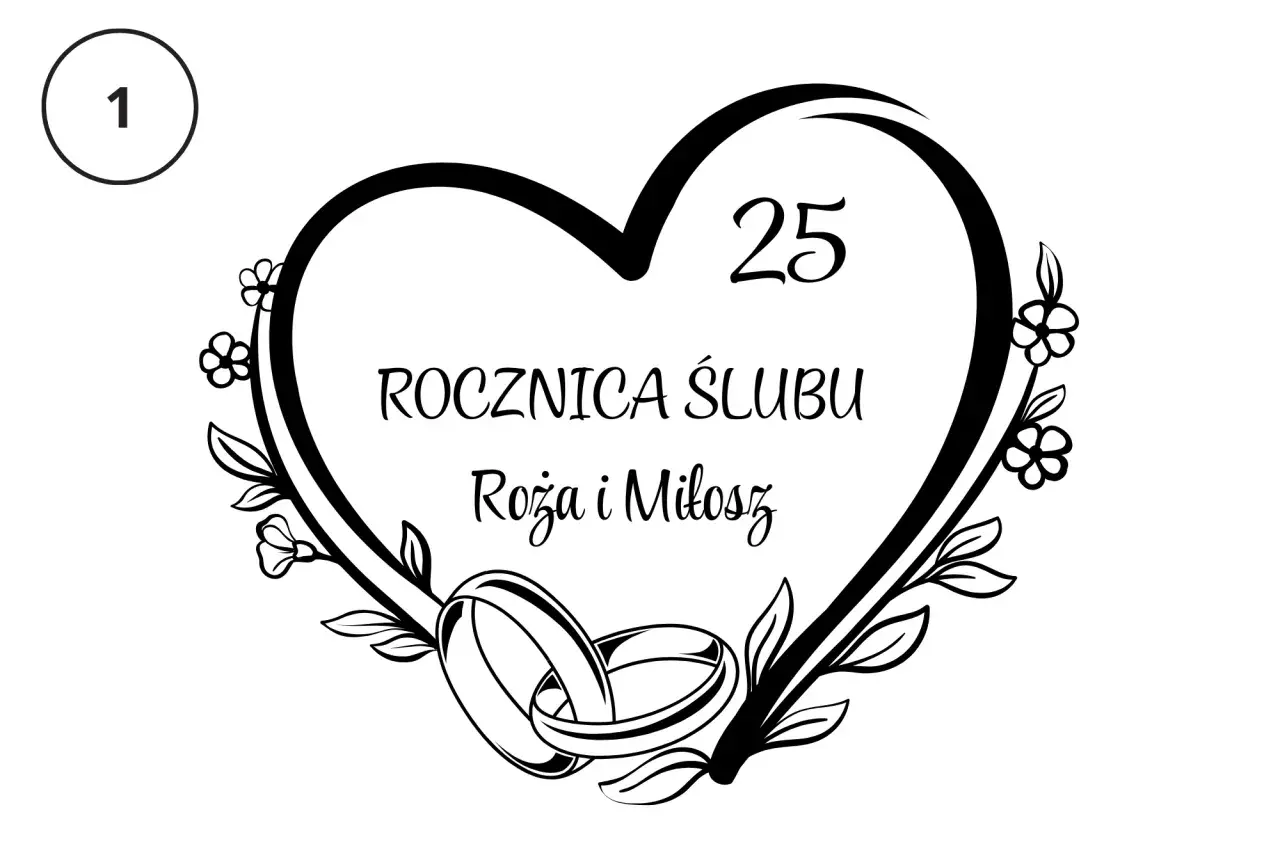 25 rocznica ślubu Róży i Miłosza. Dwa obrączki w sercu z kwiatami.