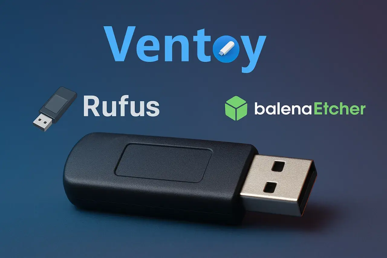 Erstellen Sie bootfähige USB-Sticks mit Ventoy, Rufus oder balenaEtcher. Ein USB-Stick ist im Vordergrund zu sehen.