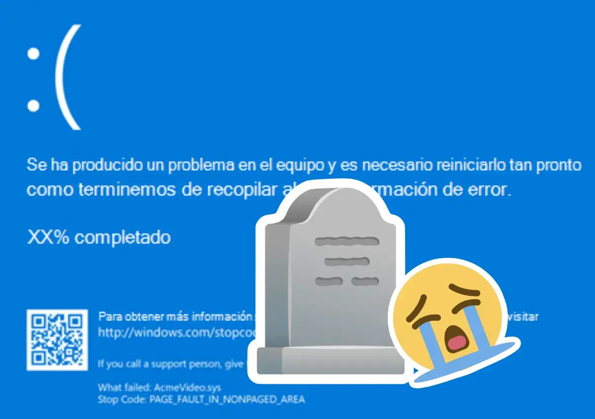 Pantalla negra de error de Windows con un emoji llorando y una lápida. El equipo ha muerto.