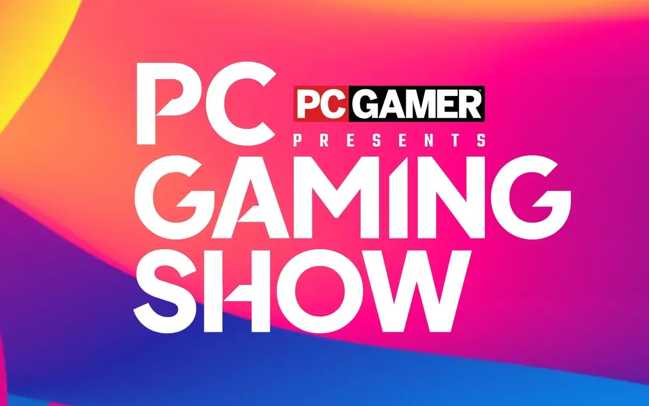 PC Gamer Presents Gaming Show. Kolorowe tło z gradientem.