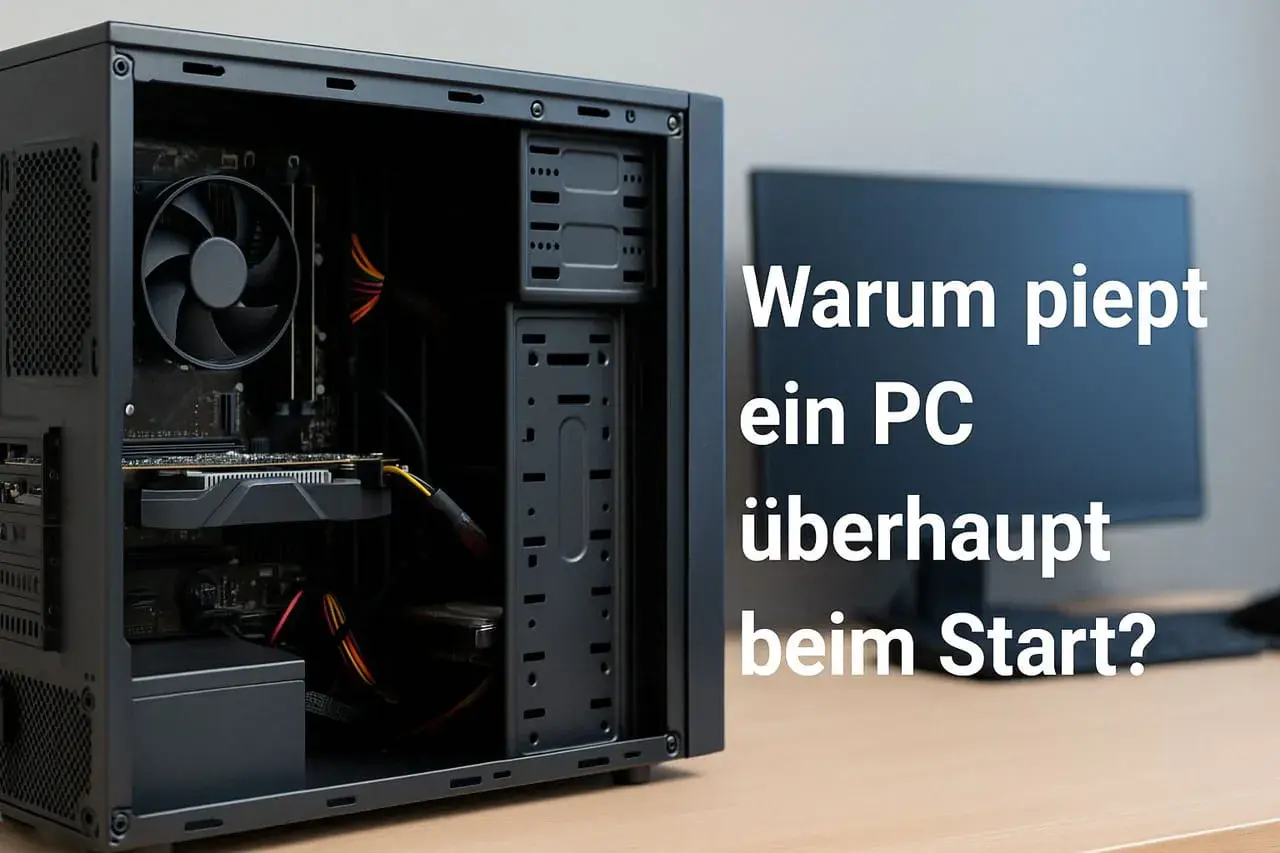 Ein offener PC mit Lüfter und Kabeln. Daneben ein Monitor mit der Frage: "Warum piept ein PC überhaupt beim Start?".