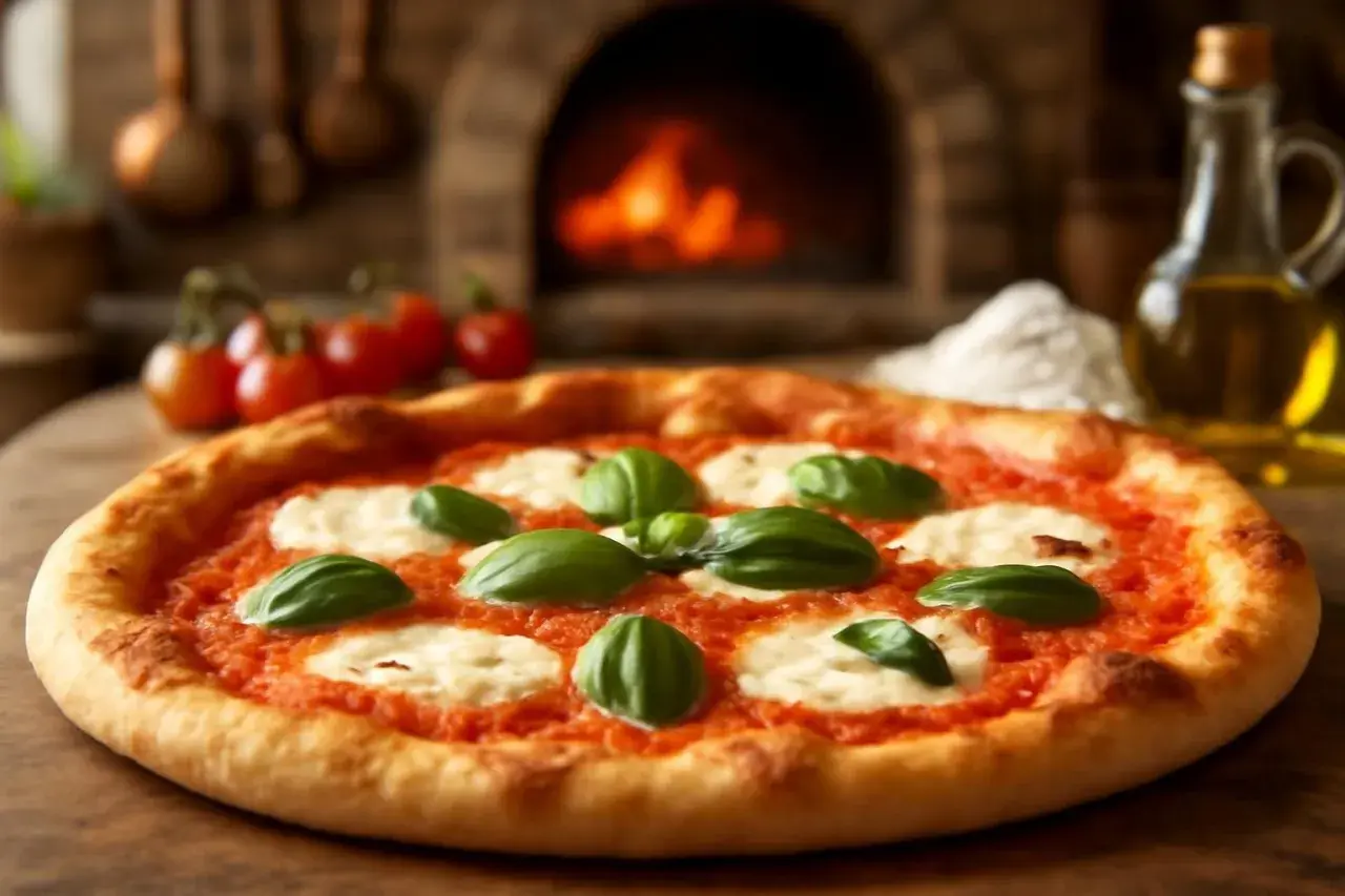 Une délicieuse pizza italienne, garnie de mozzarella fondante et de basilic frais, sort du four à bois.