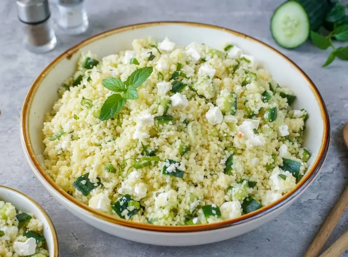 Erfrischender Couscous-Salat mit Gurkenwürfeln, Feta und Minze, garniert mit frischen Kräutern.