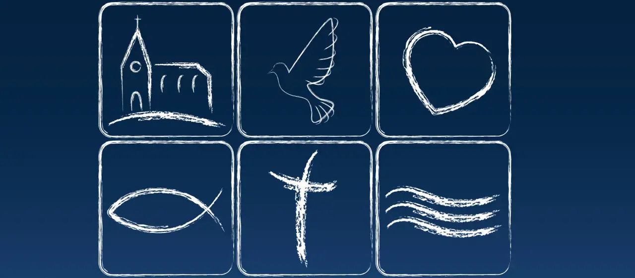 Sechs Symbole: Kirche, Taube, Herz, Fisch, Kreuz und Wellen. Sie repräsentieren das Glaubensbekenntnis.