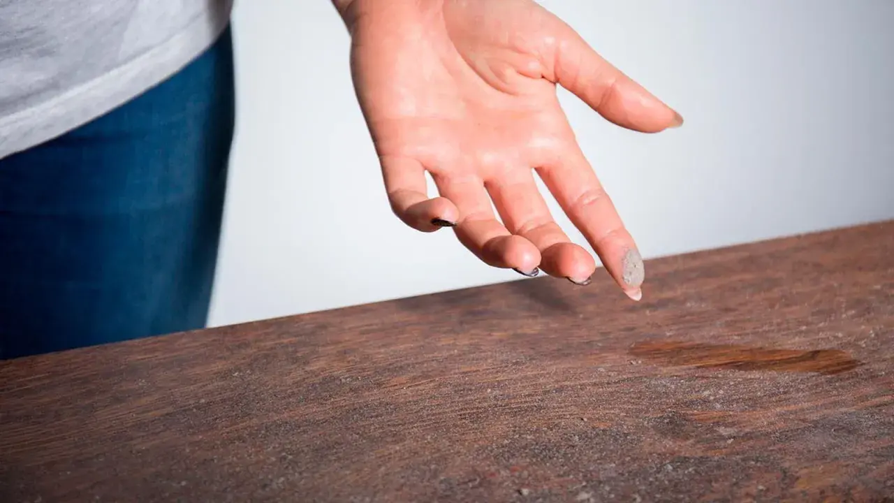 Mano con polvo en los dedos sobre una mesa de madera, indicando la necesidad de limpiar el polvo.