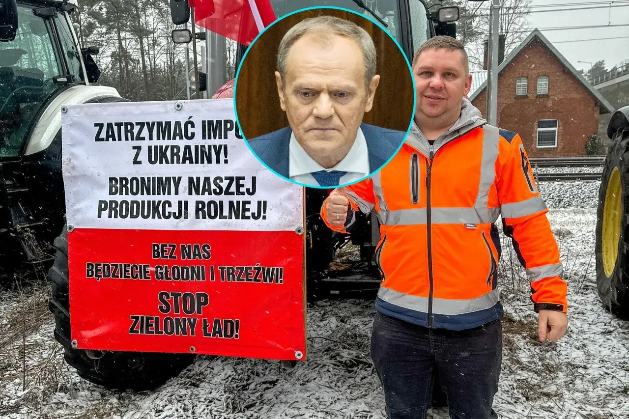 Tusk w moragu protestu rolników. Transparent "STOP Zielony Ład!" i zdjęcie Donalda Tuska.