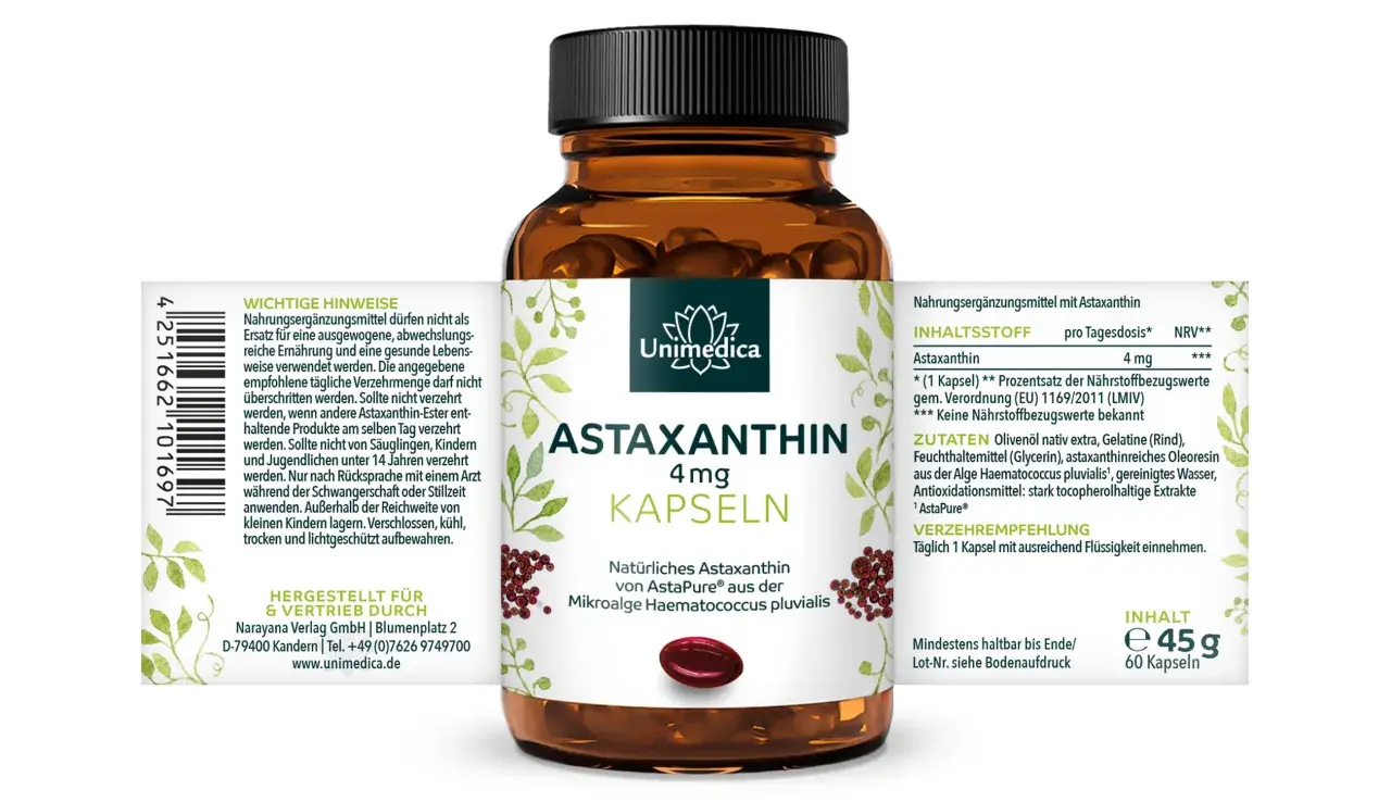 Unimedica Astaxanthin 4mg Kapseln. Natürliches Astaxanthin aus Mikroalgen, kann die Psyche positiv beeinflussen.