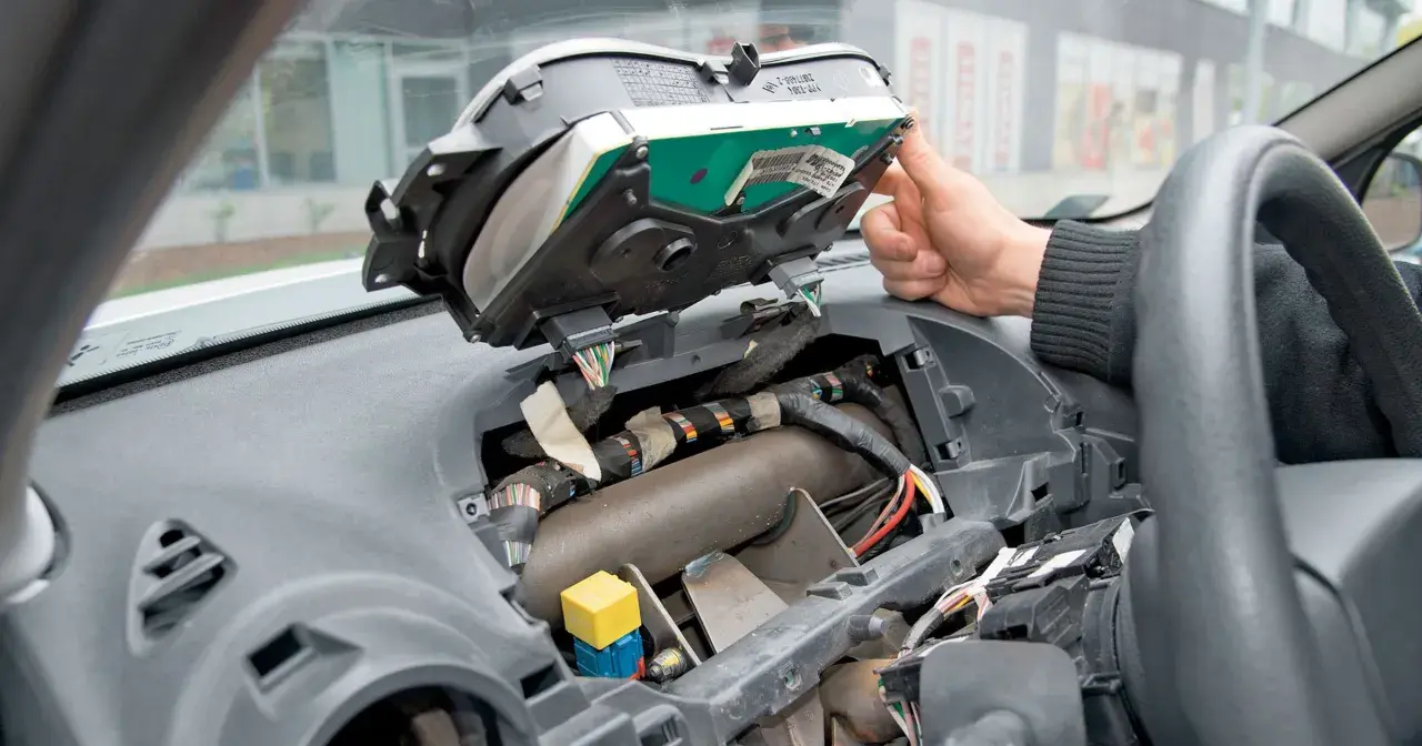 Wymiana żarówek przód w Opel Vivaro. Widok wnętrza zdemontowanego kokpitu, widoczne przewody i elementy deski rozdzielczej.