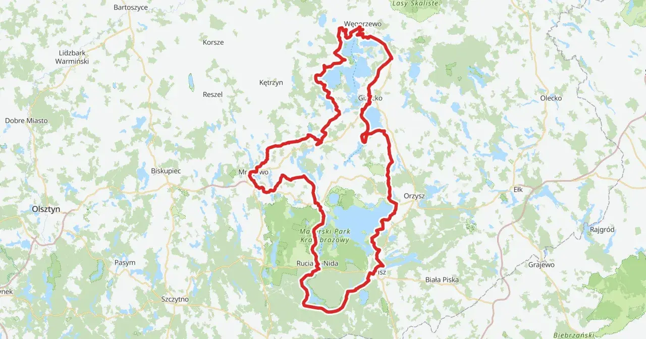 Trasa rowerowa wokół jezior, przez Mazurski Park Krajobrazowy, z Węgorzewa do Rucianej-Nidy.