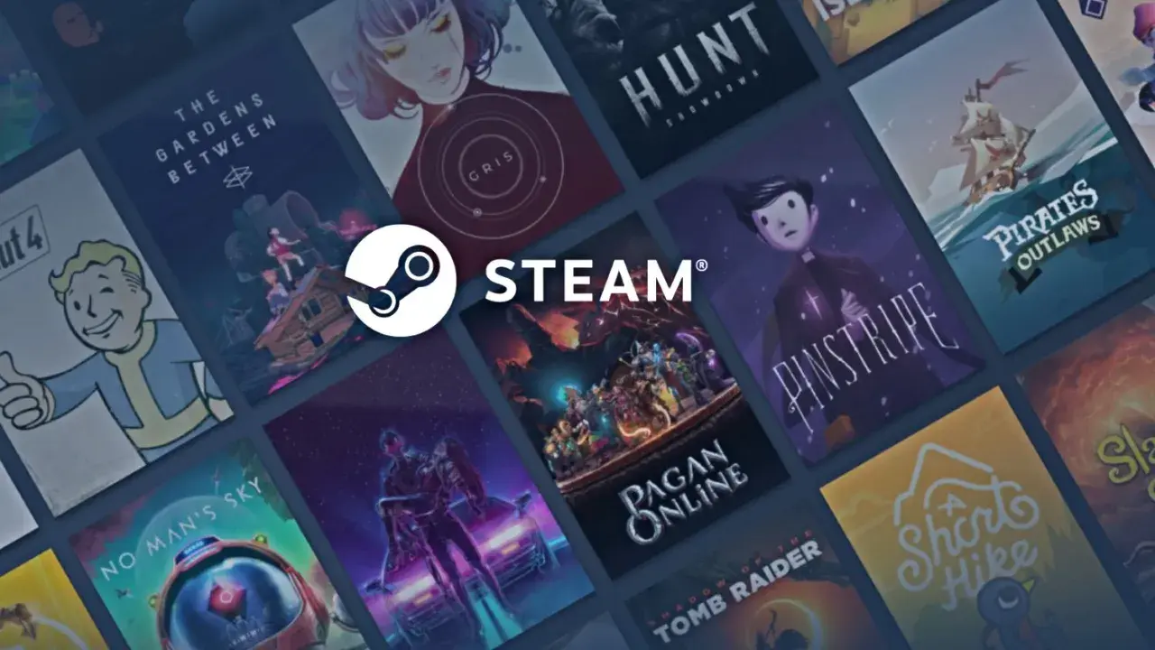 Logo Steam i kolaż okładek gier komputerowych.