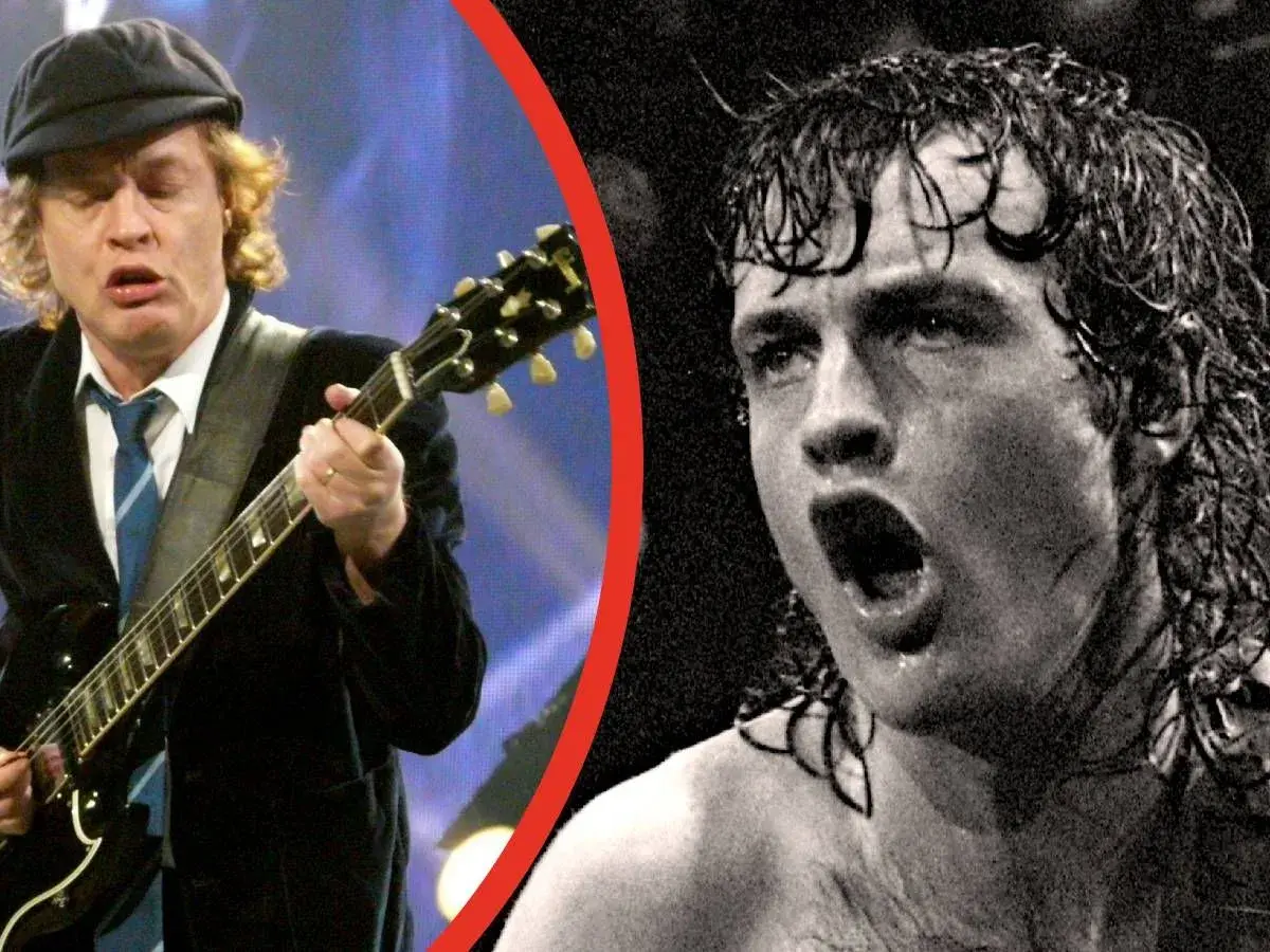 Dwóch wokalistów AC/DC: Angus Young gra na gitarze, a obok niego w zbliżeniu Brian Johnson krzyczy do mikrofonu.