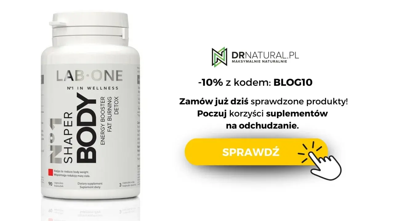 Biała butelka suplementu "N°1 SHAPER BODY" z napisem "ENERGY BOOSTER FAT BURNING DETOX".