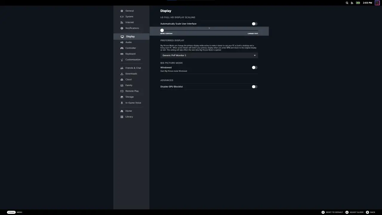 Ustawienia Steam: zakładka Wyświetlanie, opcja Big Picture Mode Windowed.