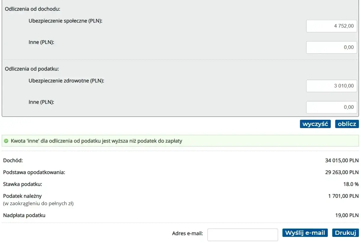 Symulacja podatkowa: dochód 34015 zł, podstawa 29263 zł, stawka 18%. Próg podatkowy 2026 nieprzekroczony, nadpłata 19 zł.