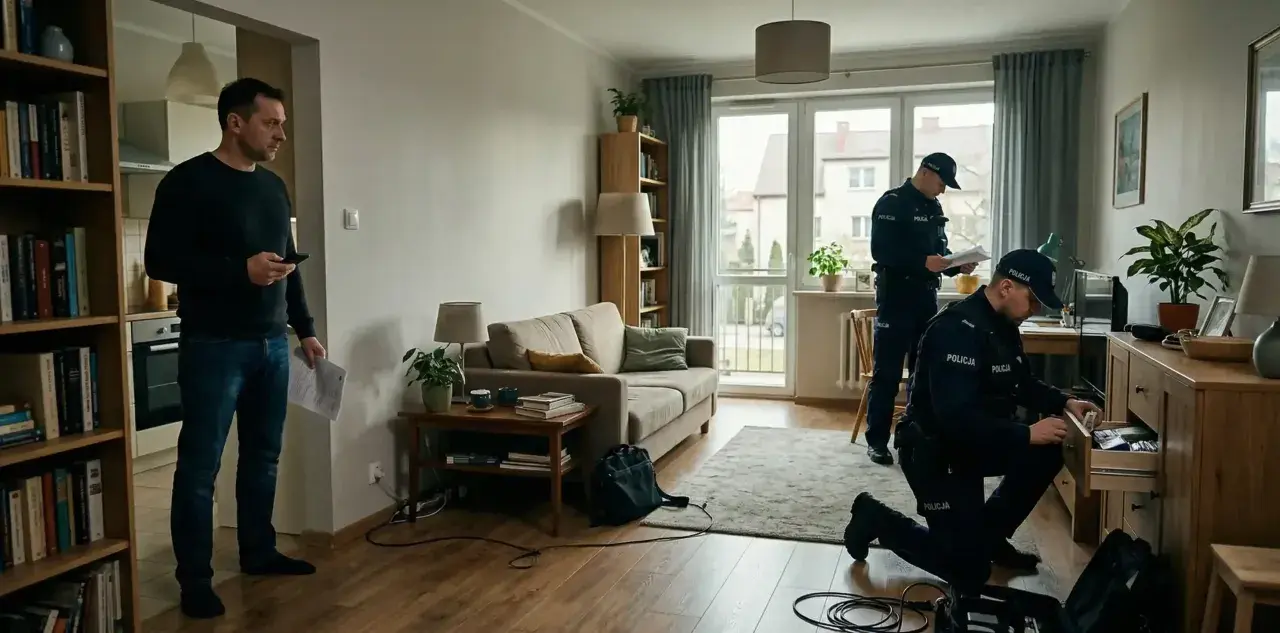 Kiedy policja przychodzi do domu, funkcjonariusze przeszukują szuflady, a mężczyzna z dokumentami czeka.