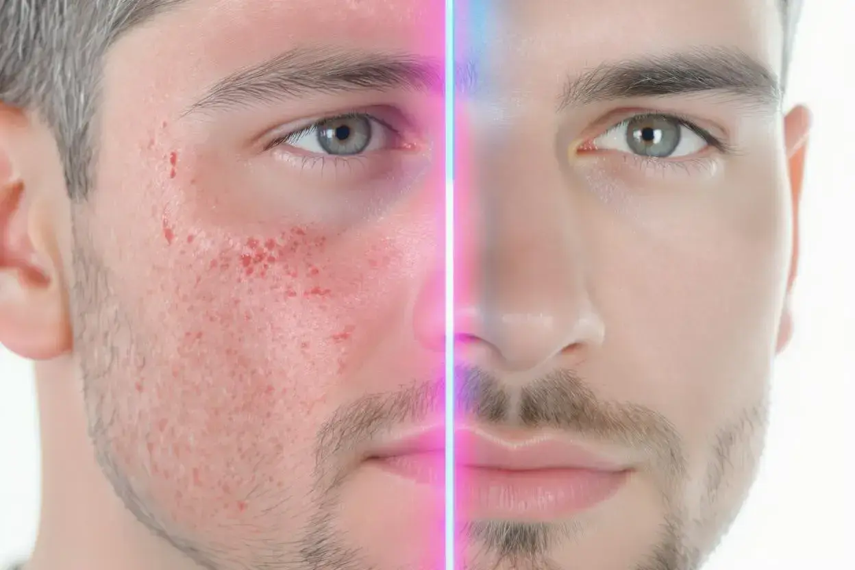 Visage d'homme divisé : peau rouge et acnéique à gauche, peau nette à droite. Un gommage avant ou après rasage peut transformer votre peau.