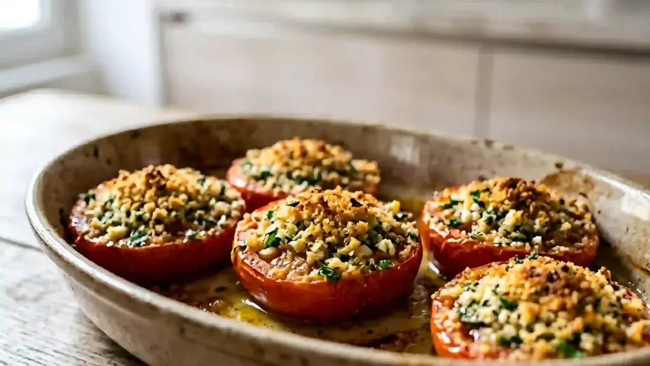Tomates provençales grand-mère, garnies d'une chapelure dorée et d'herbes fraîches, dans un plat de cuisson. Un délice qui rappelle les saveurs d'antan.