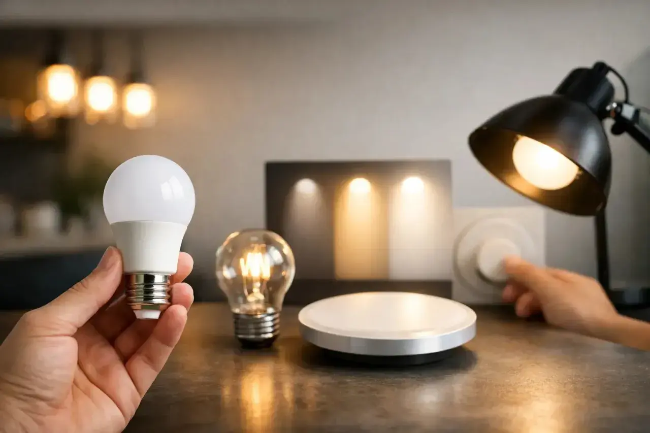 Mano sostiene bombilla LED. Detrás, una bombilla incandescente, un panel con luces y una lámpara de escritorio con regulador. La tulipa lámpara techo se ilumina.