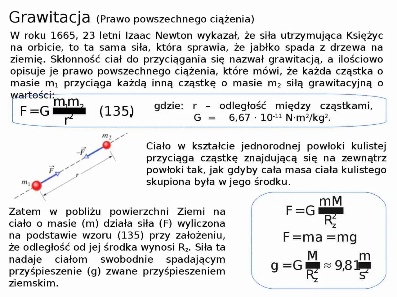 Prawo powszechnego ciążenia opisuje siłę przyciągania między masami. Newton odkrył, że jabłko spada na ziemię dzięki tej samej sile, co Księżyc na orbicie.