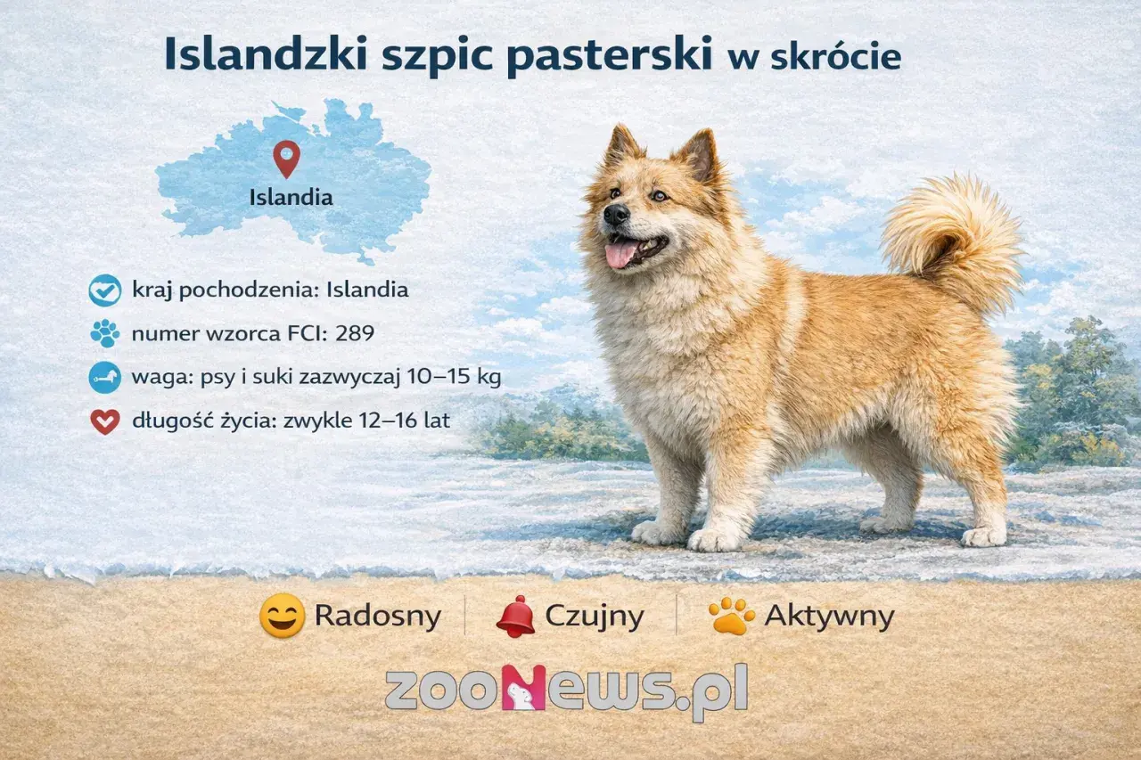 Radosny islandzki szpic pasterski, pies pasterski z Islandii, czujny i aktywny.